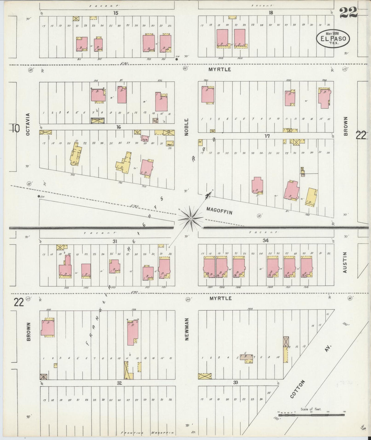 Sanborn Fire Insurance Map from El Paso, El Paso County, Texas (1898), Sheet #0022 - Historic Sanborn Fire Insurance Map Print, vintage old map wall art, antique decor, genealogy gift, Texas Texas map
