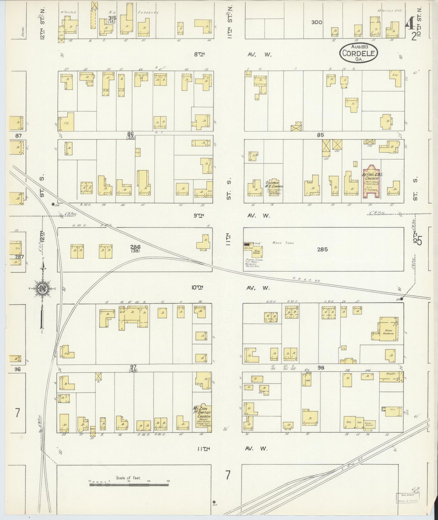 Sanborn Fire Insurance Map from Cordele, Crisp County, Georgia (1913), Sheet #0004 - Historic Sanborn Fire Insurance Map Print, vintage old map wall art, antique decor, genealogy gift, Georgia Georgia map