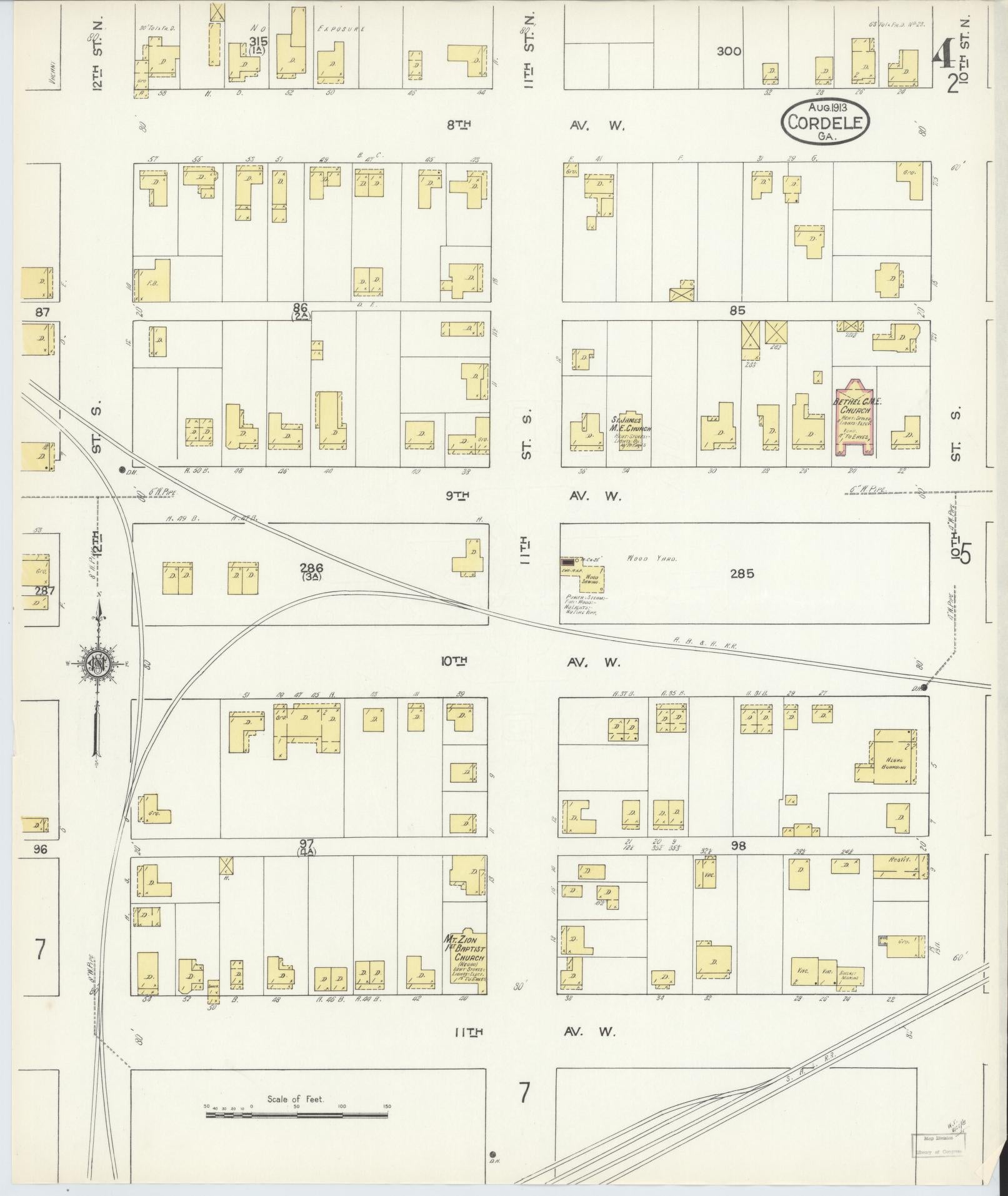 Sanborn Fire Insurance Map from Cordele, Crisp County, Georgia (1913), Sheet #0004 - Historic Sanborn Fire Insurance Map Print, vintage old map wall art, antique decor, genealogy gift, Georgia Georgia map