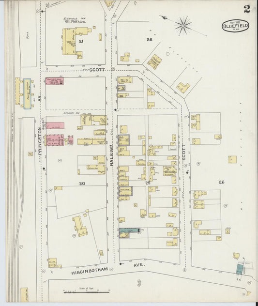 Sanborn Fire Insurance Map from Bluefield, Mercer County, West Virginia (1893), Sheet #0002 - Historic Sanborn Fire Insurance Map Print, vintage old map wall art, antique decor, genealogy gift, West Virginia West Virginia map