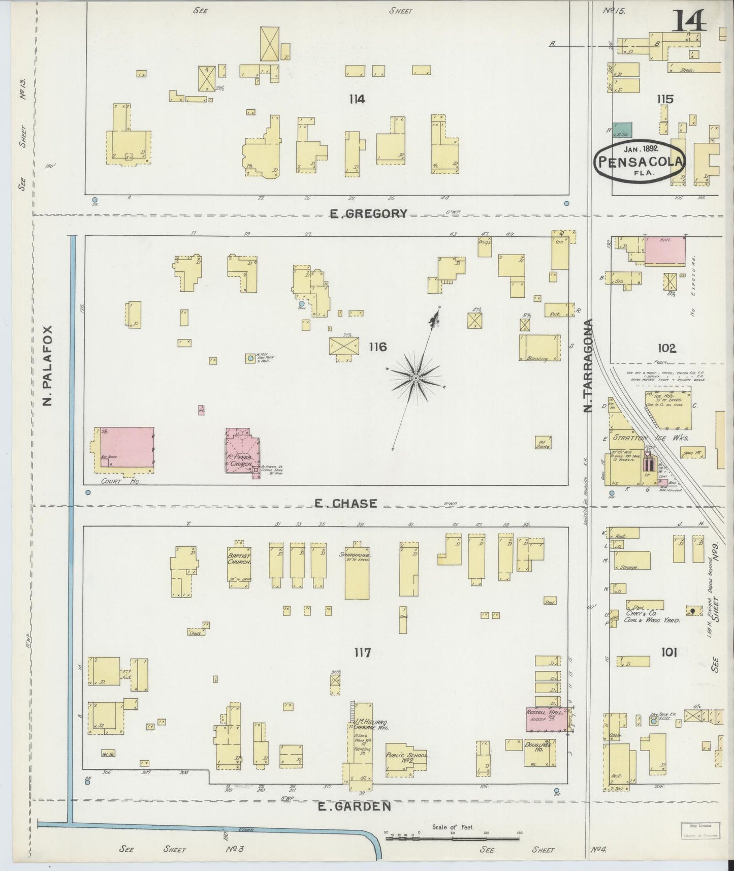 Sanborn Fire Insurance Map from Pensacola, Escambia County, Florida (1892), Sheet #0014 - Historic Sanborn Fire Insurance Map Print, vintage old map wall art, antique decor, genealogy gift, Florida Florida map