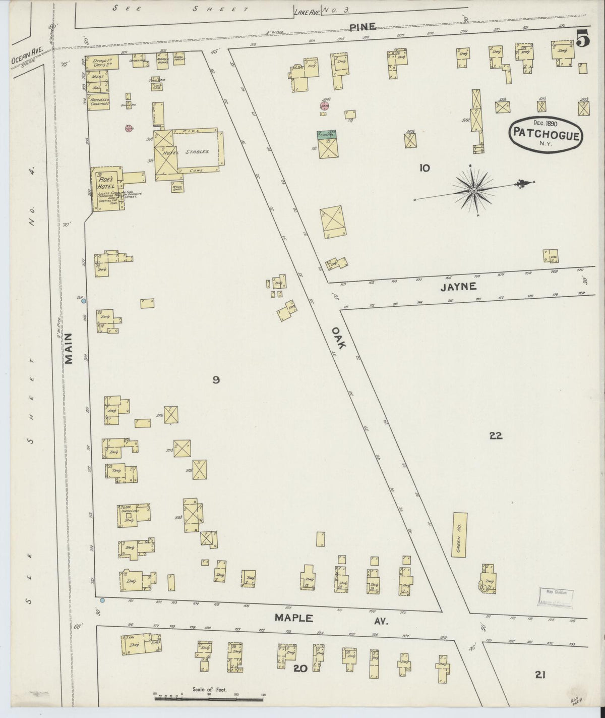 Sanborn Fire Insurance Map from Patchogue, Suffolk County, New York (1891), Sheet #0005 - Historic Sanborn Fire Insurance Map Print, vintage old map wall art, antique decor, genealogy gift, New York New York map