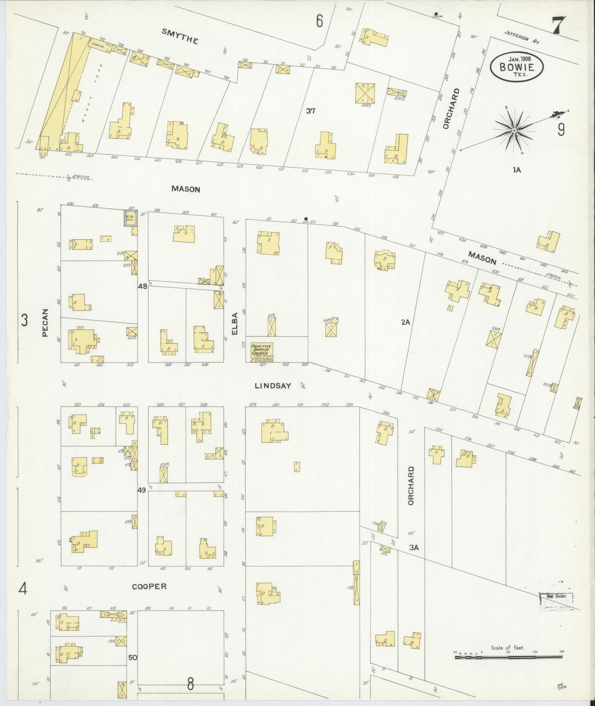 Sanborn Fire Insurance Map from Bowie, Montague County, Texas (1908), Sheet #0007 - Complete Map Set gallery image, historic Sanborn map, vintage wall art, Texas Texas