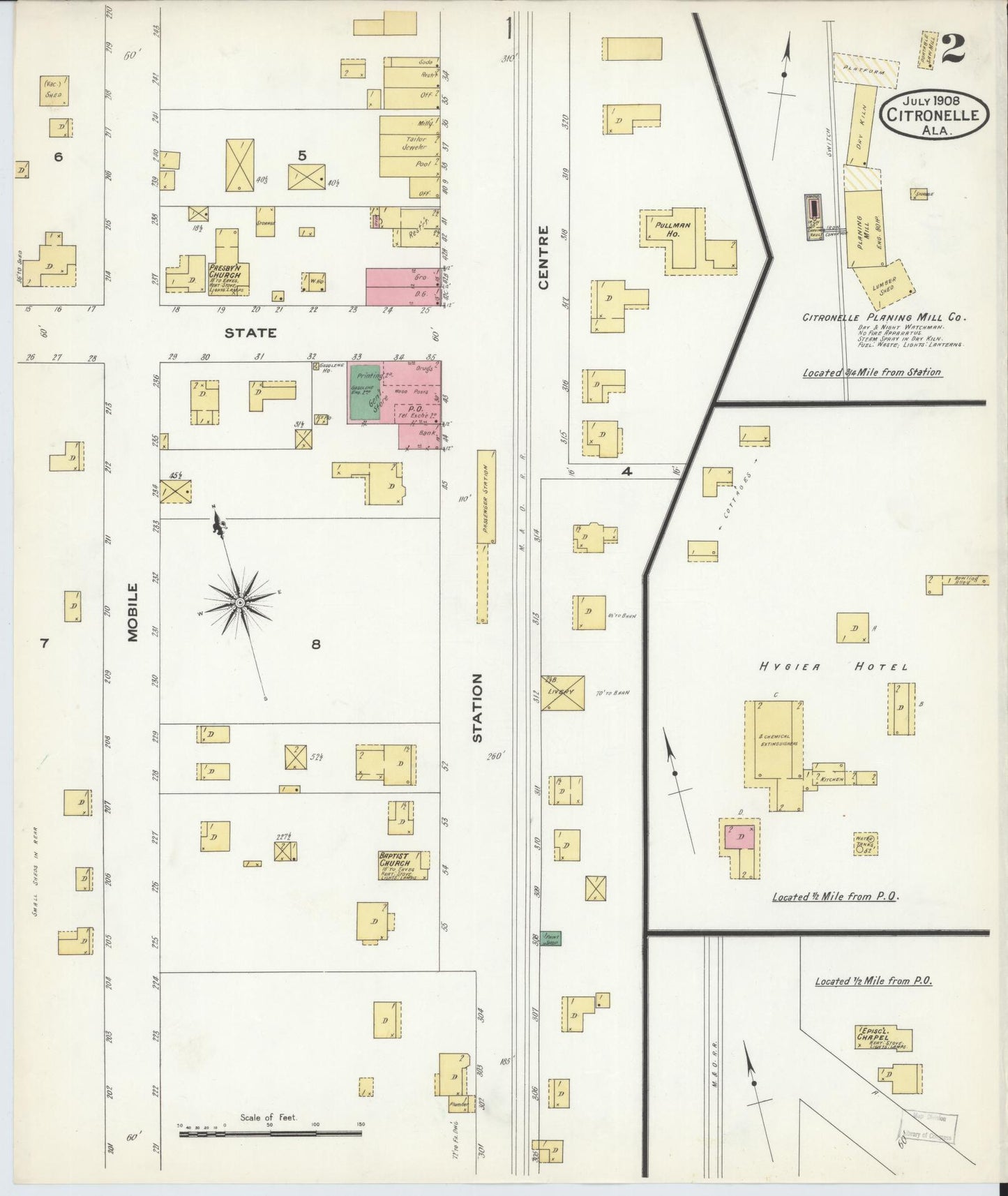 Sanborn Fire Insurance Map from Citronelle, Mobile County, Alabama (1908), Sheet #0002 - Complete Map Set gallery image, historic Sanborn map, vintage wall art, Alabama Alabama