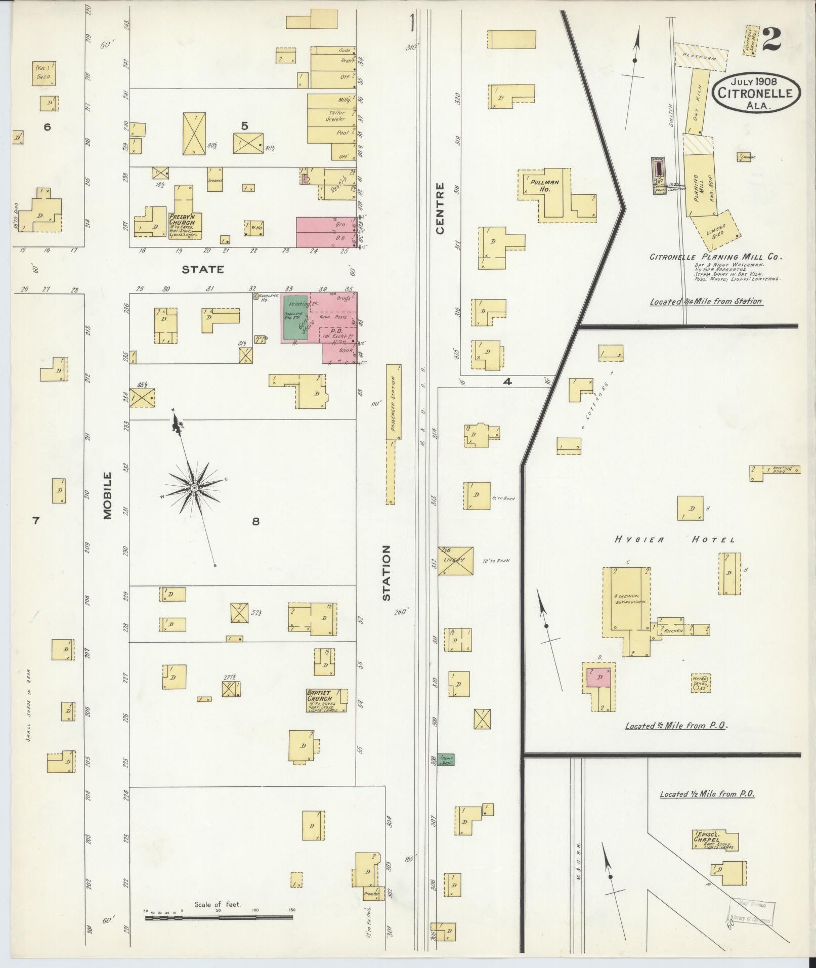 Sanborn Fire Insurance Map from Citronelle, Mobile County, Alabama (1908), Sheet #0002 - Complete Map Set gallery image, historic Sanborn map, vintage wall art, Alabama Alabama