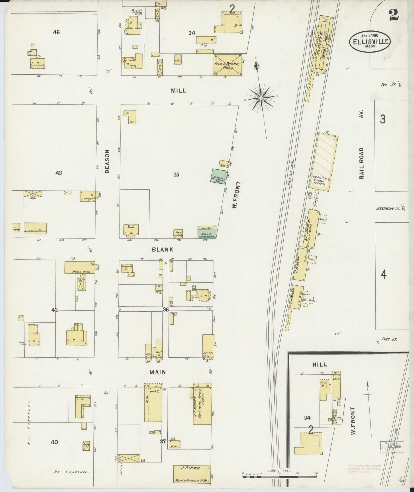 Sanborn Fire Insurance Map from Ellisville, Jones County, Mississippi (1898), Sheet #0002 - Complete Map Set gallery image, historic Sanborn map, vintage wall art, Mississippi Mississippi