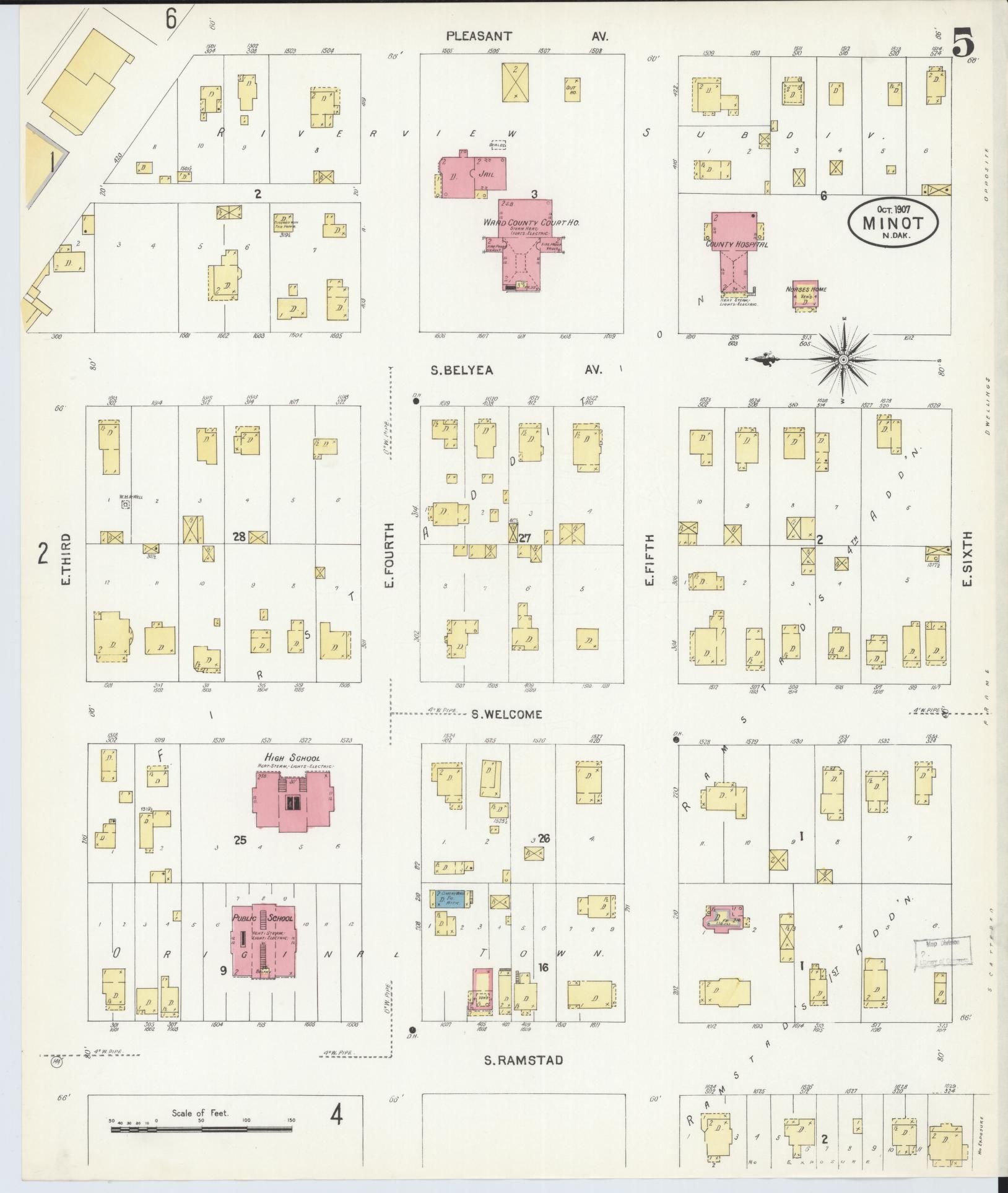 Sanborn Fire Insurance Map from Minot, Ward County, North Dakota (1907), Sheet #0005 - Historic Sanborn Fire Insurance Map Print, vintage old map wall art, antique decor, genealogy gift, North Dakota North Dakota map