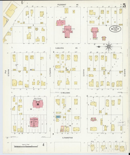 Sanborn Fire Insurance Map from Minot, Ward County, North Dakota (1907), Sheet #0005 - Historic Sanborn Fire Insurance Map Print, vintage old map wall art, antique decor, genealogy gift, North Dakota North Dakota map