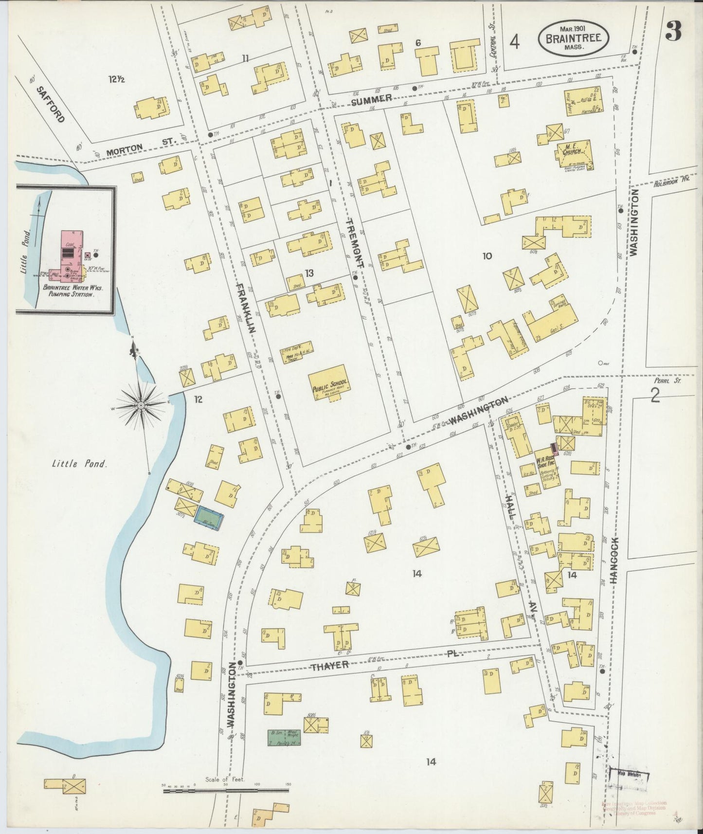 Sanborn Fire Insurance Map from Braintree, Norfolk County, Massachusetts (1901), Sheet #0003 - Complete Map Set gallery image, historic Sanborn map, vintage wall art, Massachusetts Massachusetts