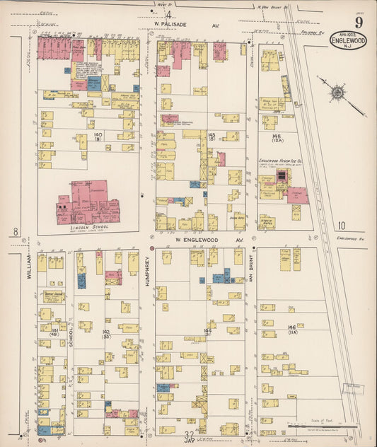 Sanborn Fire Insurance Map from Englewood, Bergen County, New Jersey (1922), Sheet #0009 - Historic Sanborn Fire Insurance Map Print, vintage old map wall art, antique decor, genealogy gift, New Jersey New Jersey map