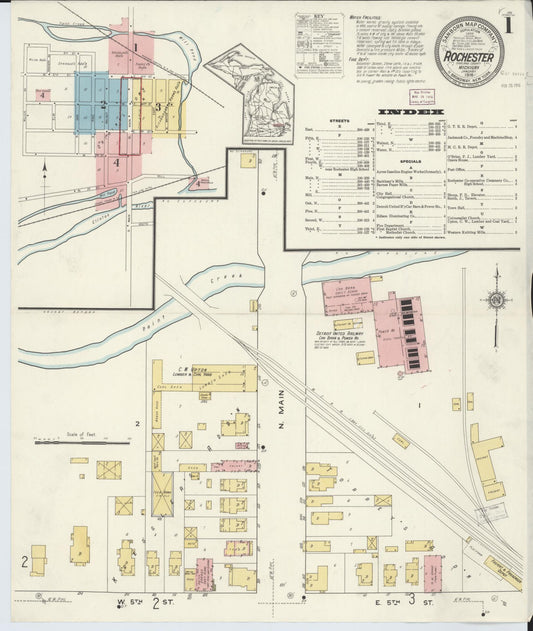 Sanborn Fire Insurance Map from Rochester, Oakland County, Michigan (1916), Sheet #0001 - Historic Sanborn Fire Insurance Map Print, vintage old map wall art, antique decor, genealogy gift, Michigan Michigan map