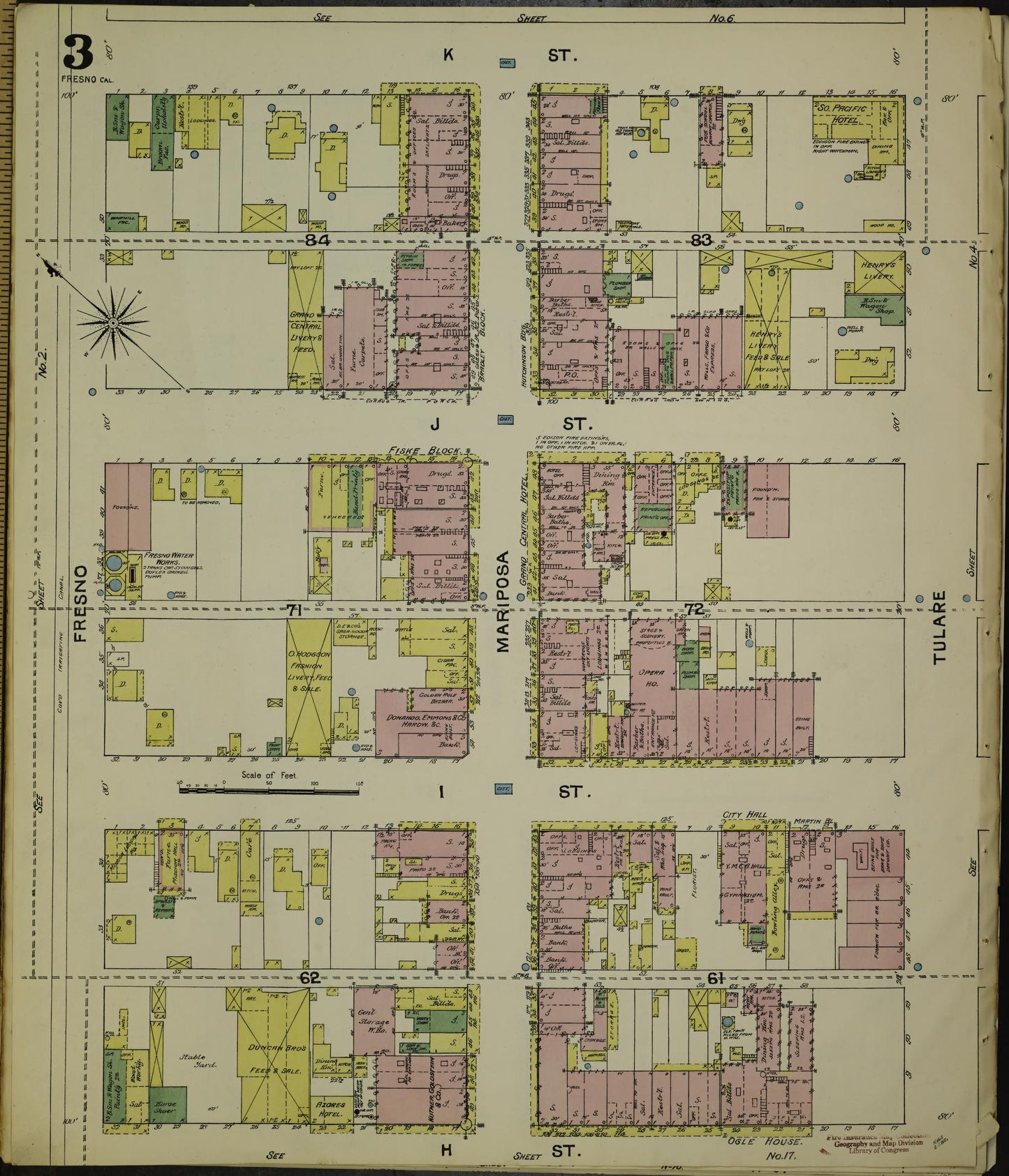 Sanborn Fire Insurance Map from Fresno, Fresno County, California (1888), Sheet #0003 - Historic Sanborn Fire Insurance Map Print, vintage old map wall art, antique decor, genealogy gift, California California map