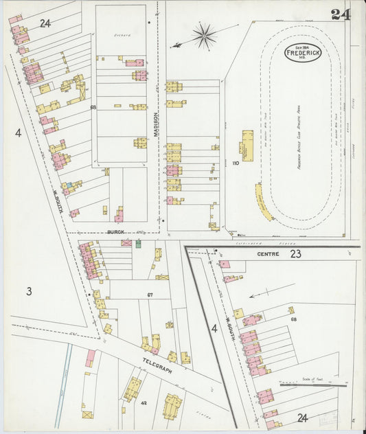 Frederick, Maryland - 1904 - Sanborn Fire Insurance Map, Sheet #0024 - Historic Sanborn Fire Insurance Map Print, Frederick Maryland 1904 0024 vintage old map wall art