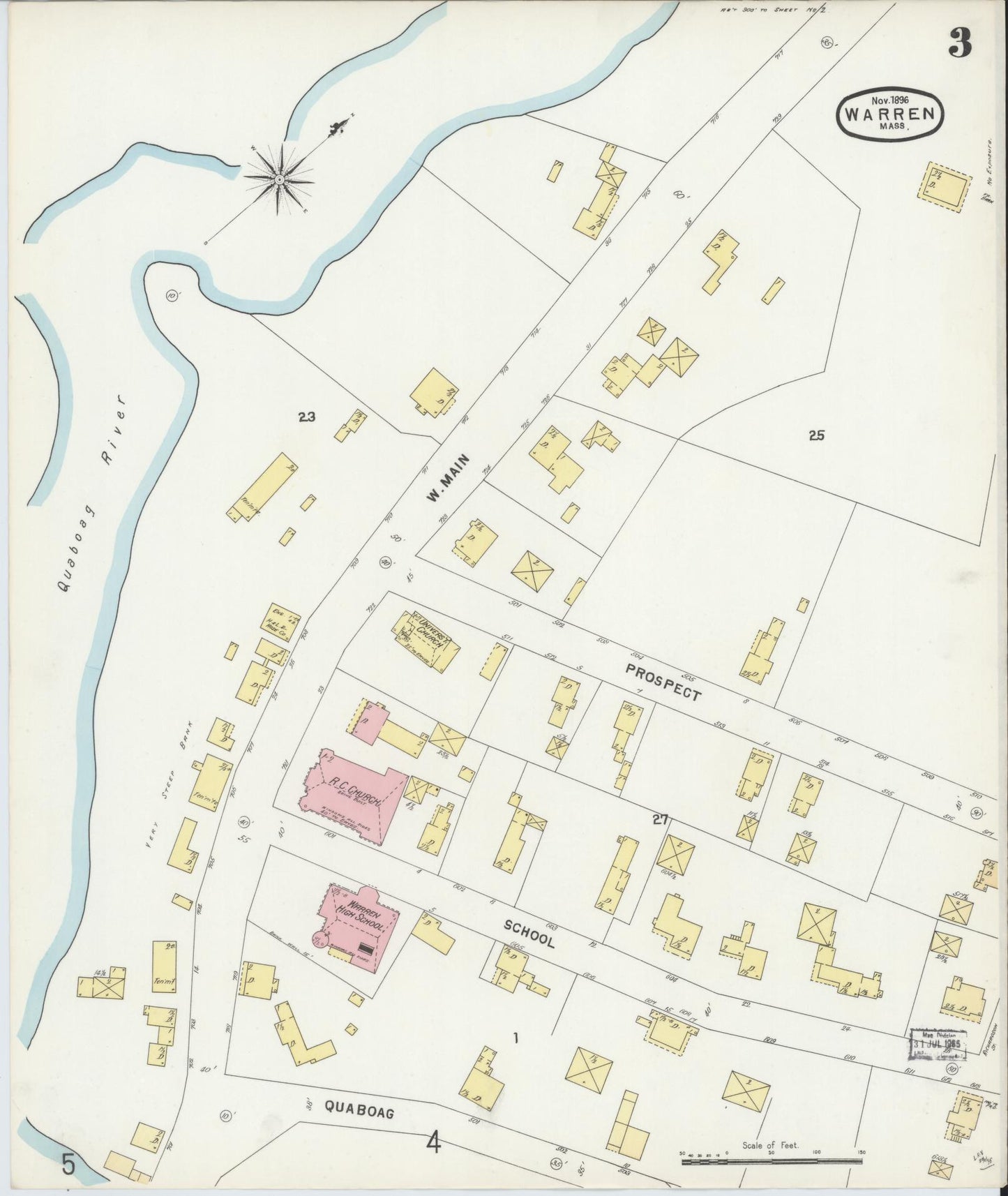 Sanborn Fire Insurance Map from Warren, Worcester County, Massachusetts (1896), Sheet #0003 - Historic Sanborn Fire Insurance Map Print, vintage old map wall art, antique decor, genealogy gift, Massachusetts Massachusetts map