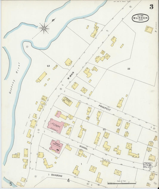 Sanborn Fire Insurance Map from Warren, Worcester County, Massachusetts (1896), Sheet #0003 - Historic Sanborn Fire Insurance Map Print, vintage old map wall art, antique decor, genealogy gift, Massachusetts Massachusetts map