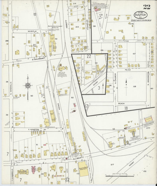 Sanborn Fire Insurance Map from Sumter, Sumter County, South Carolina (1915), Sheet #0022 - Historic Sanborn Fire Insurance Map Print, vintage old map wall art, antique decor, genealogy gift, South Carolina South Carolina map