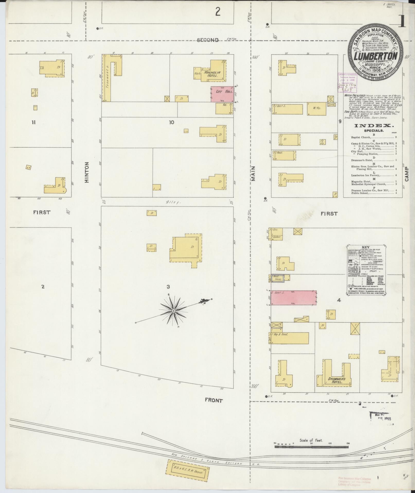 Sanborn Fire Insurance Map from Lumberton, Lamar County, Mississippi (1906), Sheet #0001 - Historic Sanborn Fire Insurance Map Print, vintage old map wall art, antique decor, genealogy gift, Mississippi Mississippi map