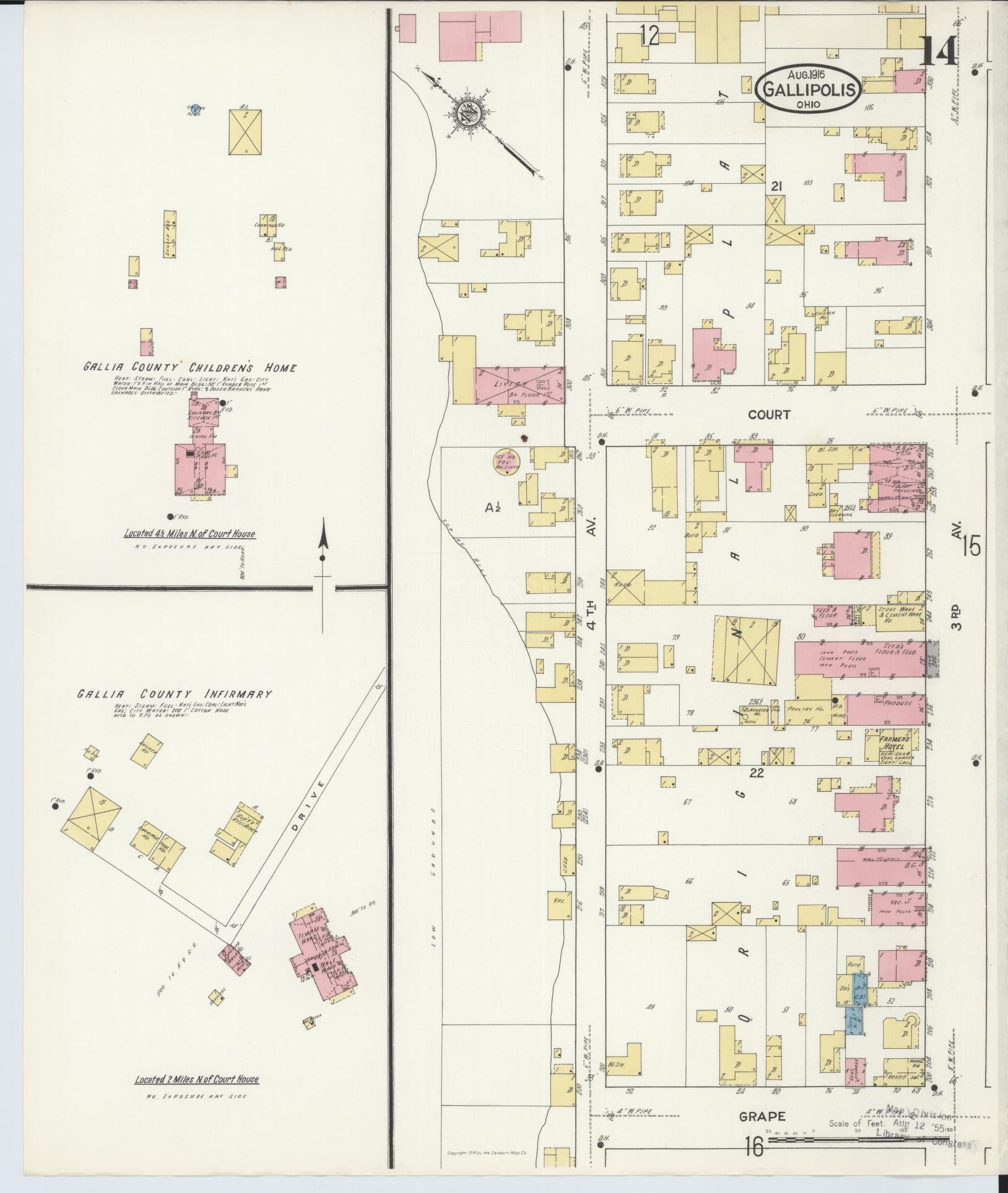 Sanborn Fire Insurance Map from Gallipolis, Gallia County, Ohio (1916), Sheet #0014 - Historic Sanborn Fire Insurance Map Print, vintage old map wall art, antique decor, genealogy gift, Ohio Ohio map