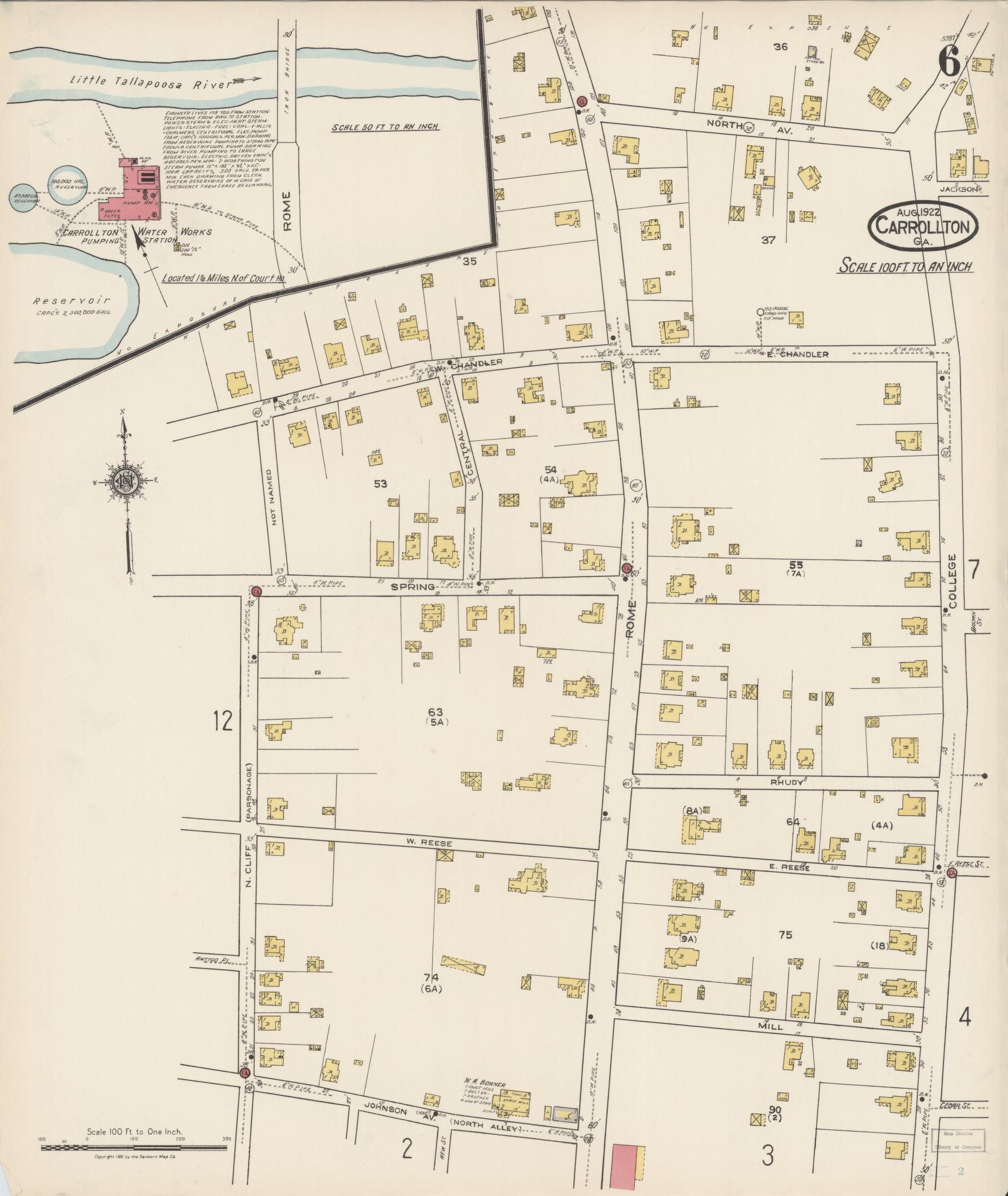Sanborn Fire Insurance Map from Carrollton, Carroll County, Georgia (1922), Sheet #0006 - Historic Sanborn Fire Insurance Map Print, vintage old map wall art, antique decor, genealogy gift, Georgia Georgia map
