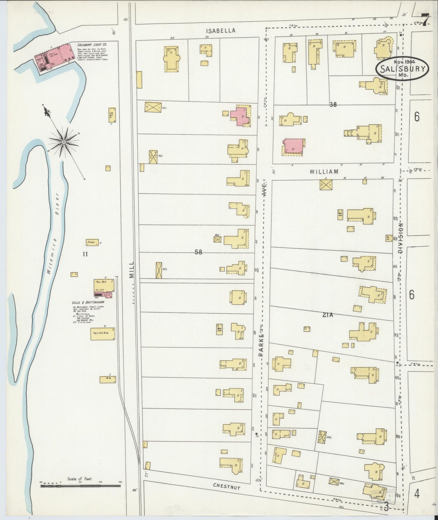 Sanborn Fire Insurance Map from Salisbury, Wicomico County, Maryland (1904), Sheet #0007 - Historic Sanborn Fire Insurance Map Print, vintage old map wall art