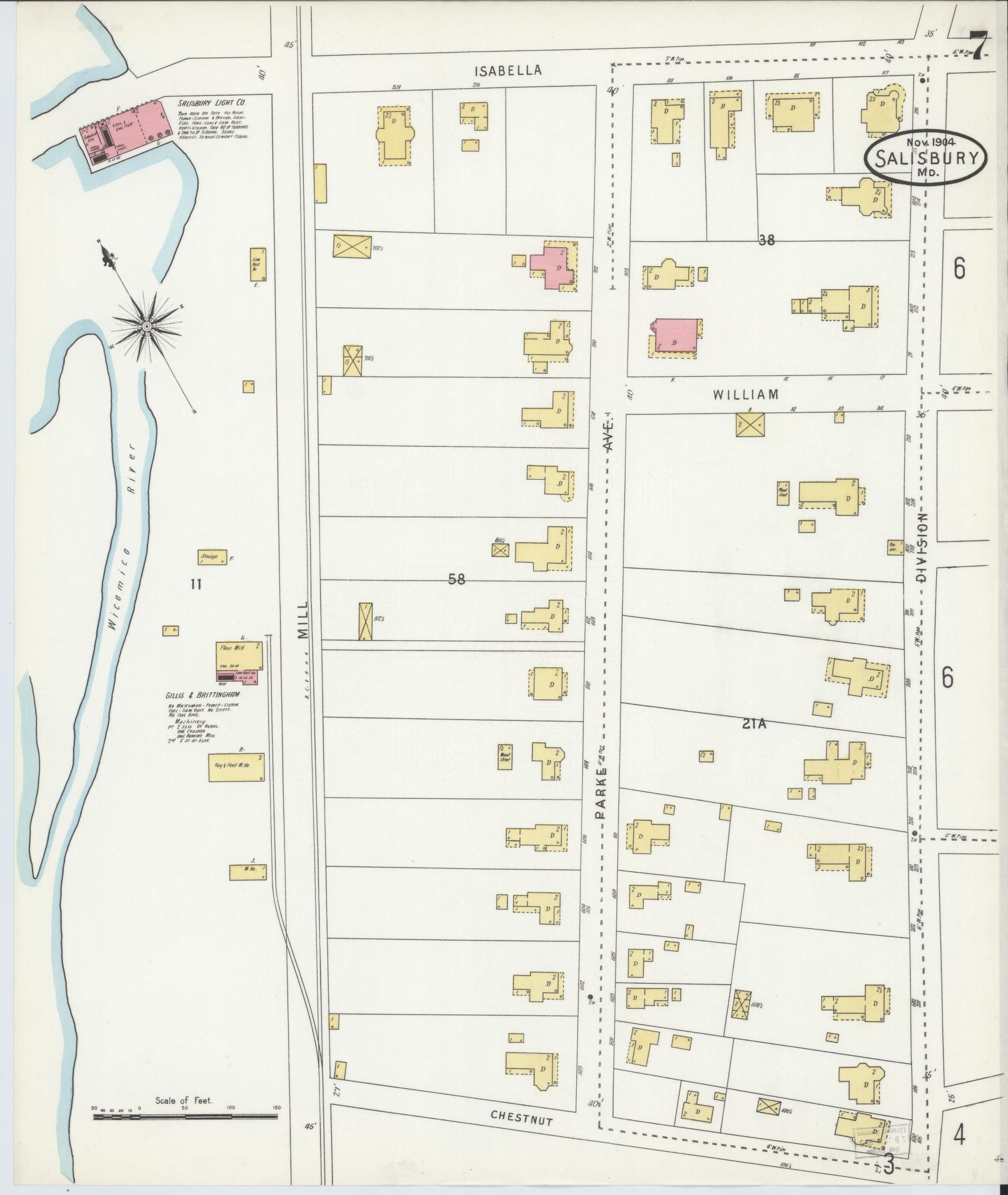 Sanborn Fire Insurance Map from Salisbury, Wicomico County, Maryland (1904), Sheet #0007 - Historic Sanborn Fire Insurance Map Print, vintage old map wall art