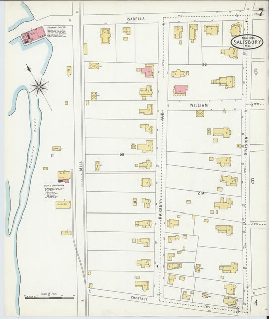 Sanborn Fire Insurance Map from Salisbury, Wicomico County, Maryland (1904), Sheet #0007 - Historic Sanborn Fire Insurance Map Print, vintage old map wall art