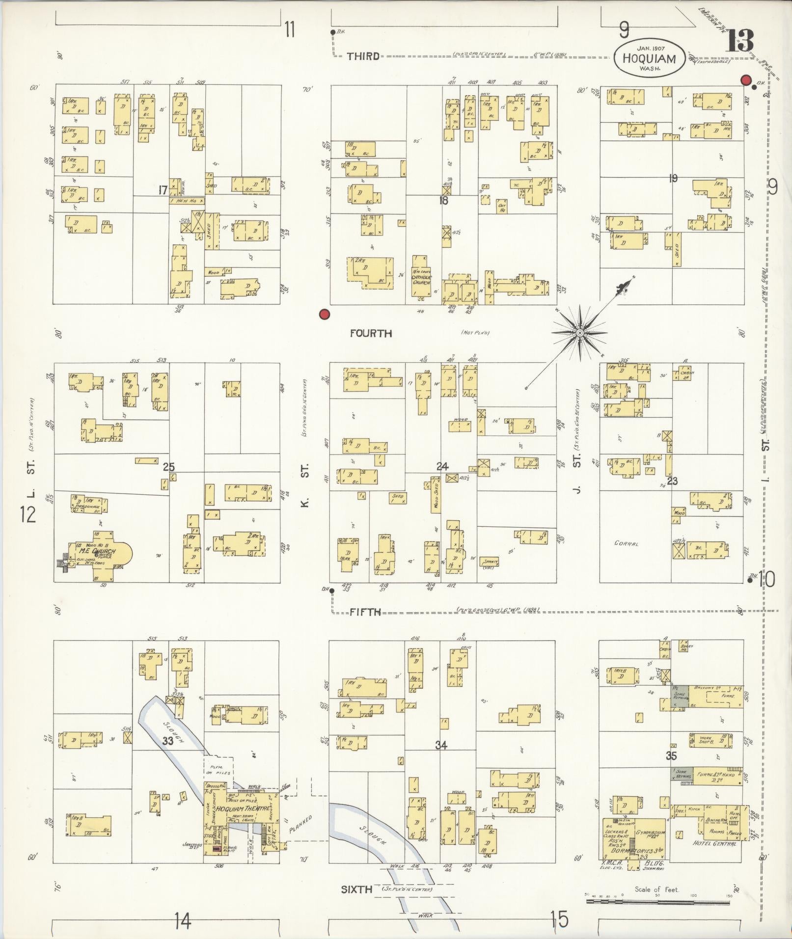 Sanborn Fire Insurance Map from Hoquiam, Grays Harbor County, Washington (1907), Sheet #0013 - Complete Map Set gallery image, historic Sanborn map, vintage wall art, Washington Washington