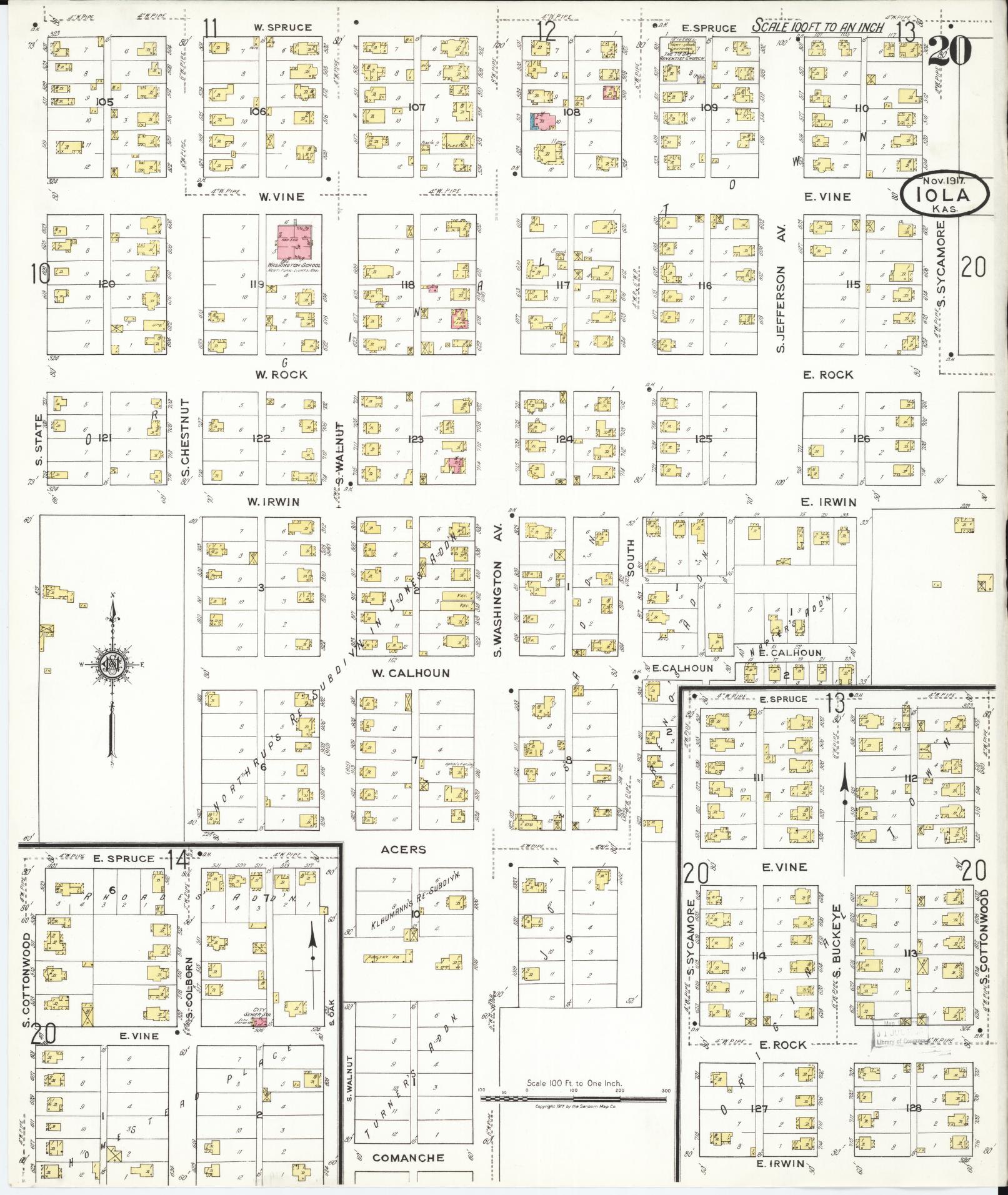 Sanborn Fire Insurance Map from Iola, Allen County, Kansas (1917), Sheet #0020 - Historic Sanborn Fire Insurance Map Print, vintage old map wall art, antique decor, genealogy gift, Kansas Kansas map