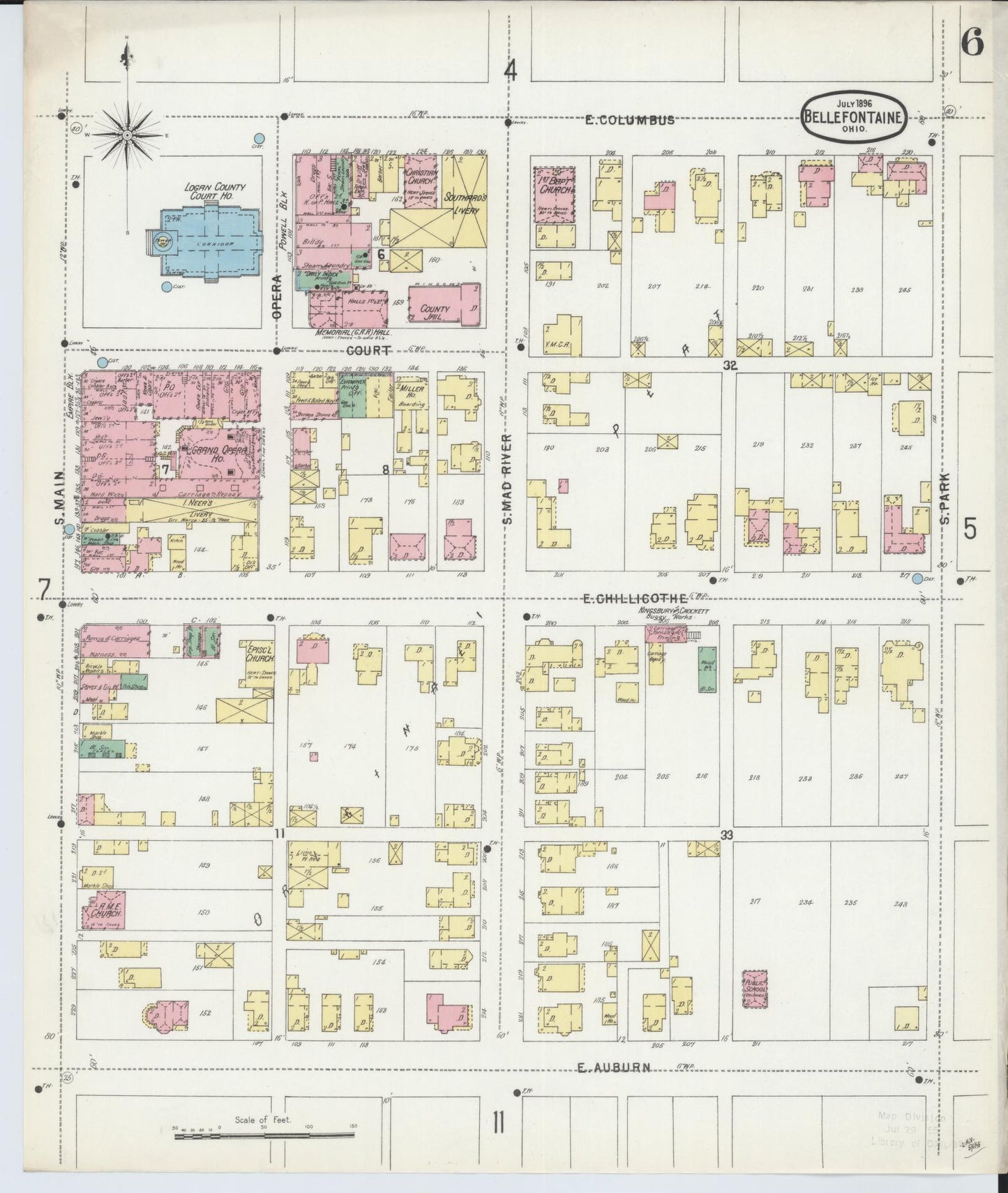 Sanborn Fire Insurance Map from Bellefontaine, Logan County, Ohio (1896), Sheet #0006 - Historic Sanborn Fire Insurance Map Print, vintage old map wall art, antique decor, genealogy gift, Ohio Ohio map