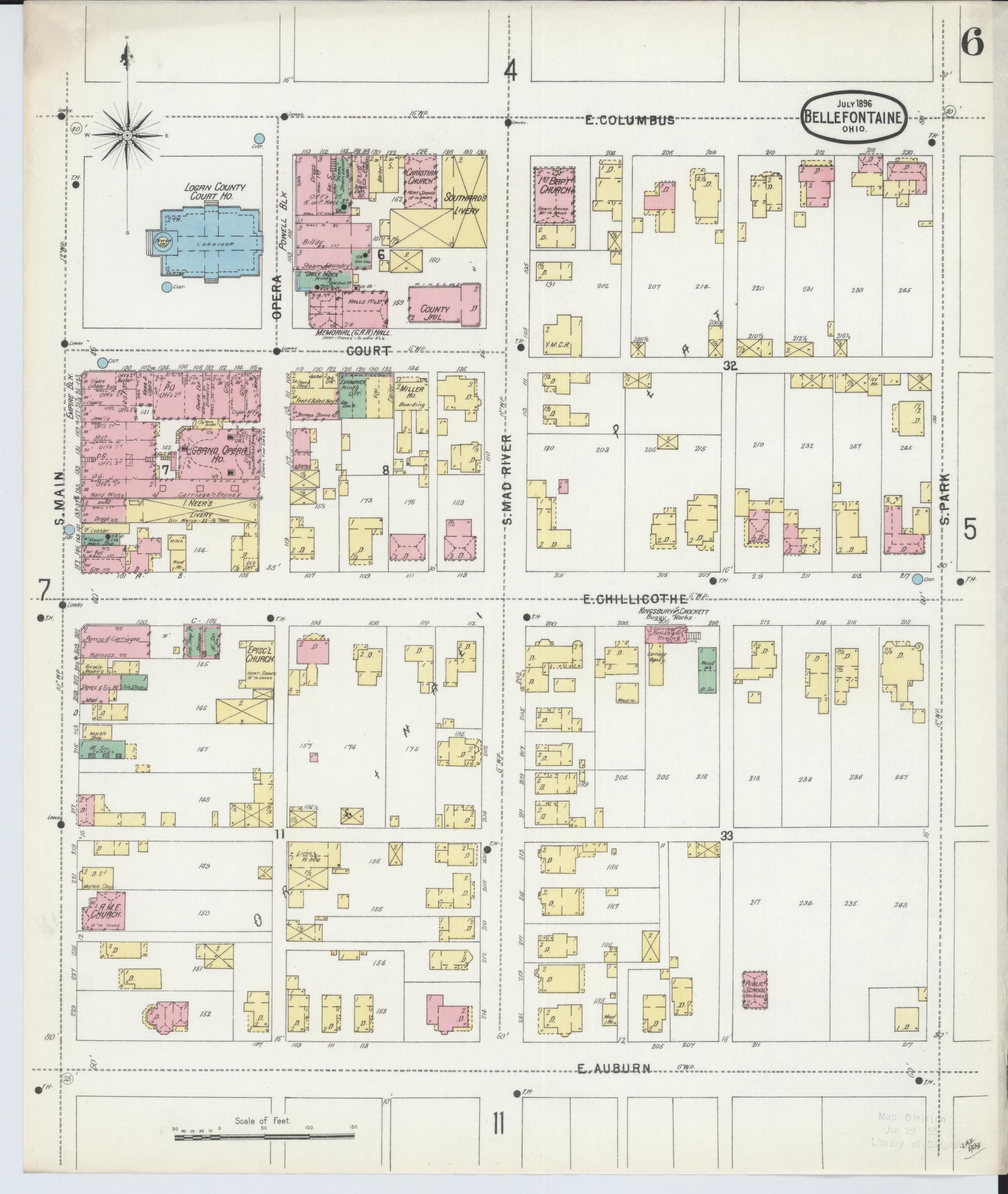 Sanborn Fire Insurance Map from Bellefontaine, Logan County, Ohio (1896), Sheet #0006 - Historic Sanborn Fire Insurance Map Print, vintage old map wall art, antique decor, genealogy gift, Ohio Ohio map