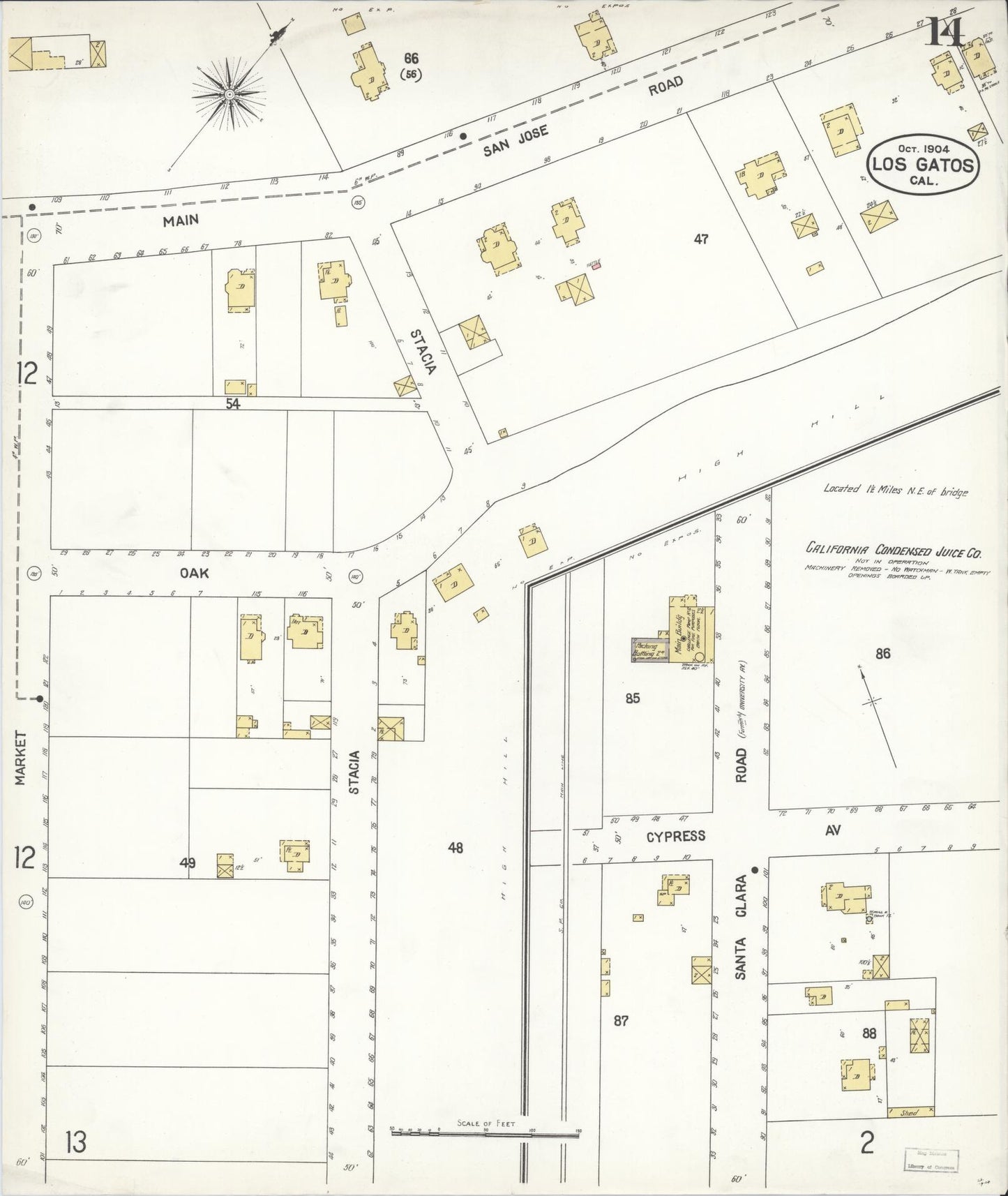 Sanborn Fire Insurance Map from Los Gatos, Santa Clara County, California (1904), Sheet #0014 - Complete Map Set gallery image, historic Sanborn map, vintage wall art, California California