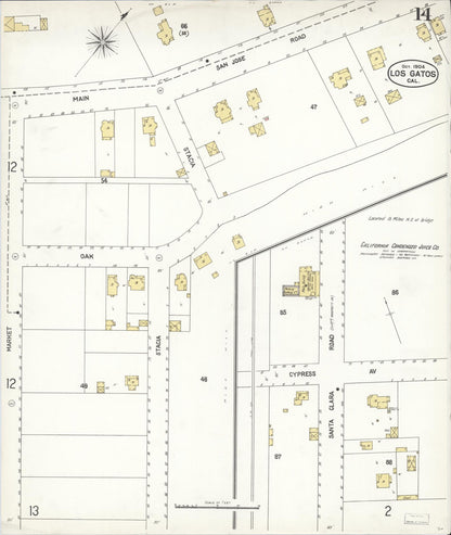 Sanborn Fire Insurance Map from Los Gatos, Santa Clara County, California (1904), Sheet #0014 - Complete Map Set gallery image, historic Sanborn map, vintage wall art, California California