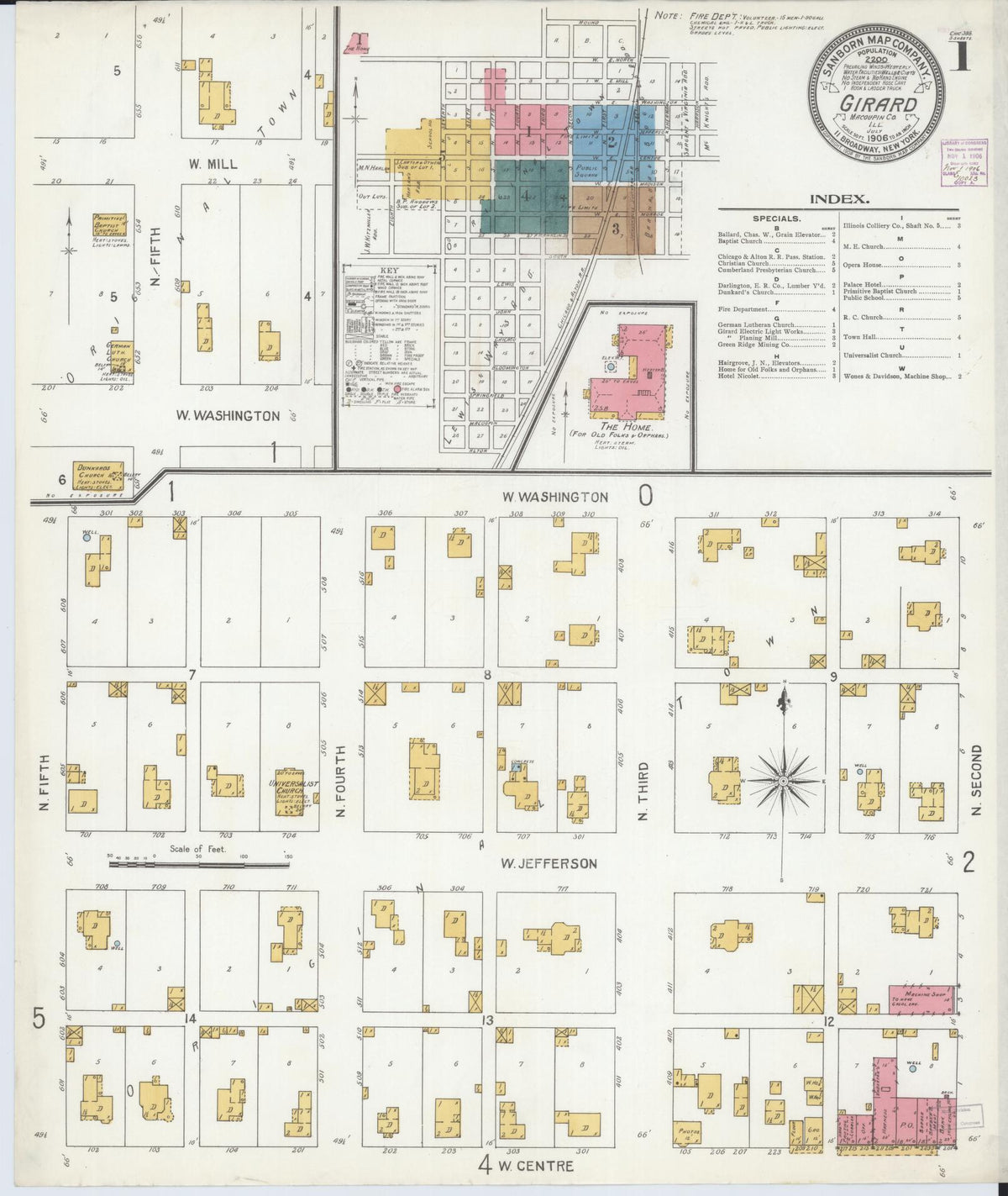Sanborn Fire Insurance Map from Girard, Macoupin County, Illinois (1906), Sheet #0001 - Historic Sanborn Fire Insurance Map Print, vintage old map wall art, antique decor, genealogy gift, Illinois Illinois map
