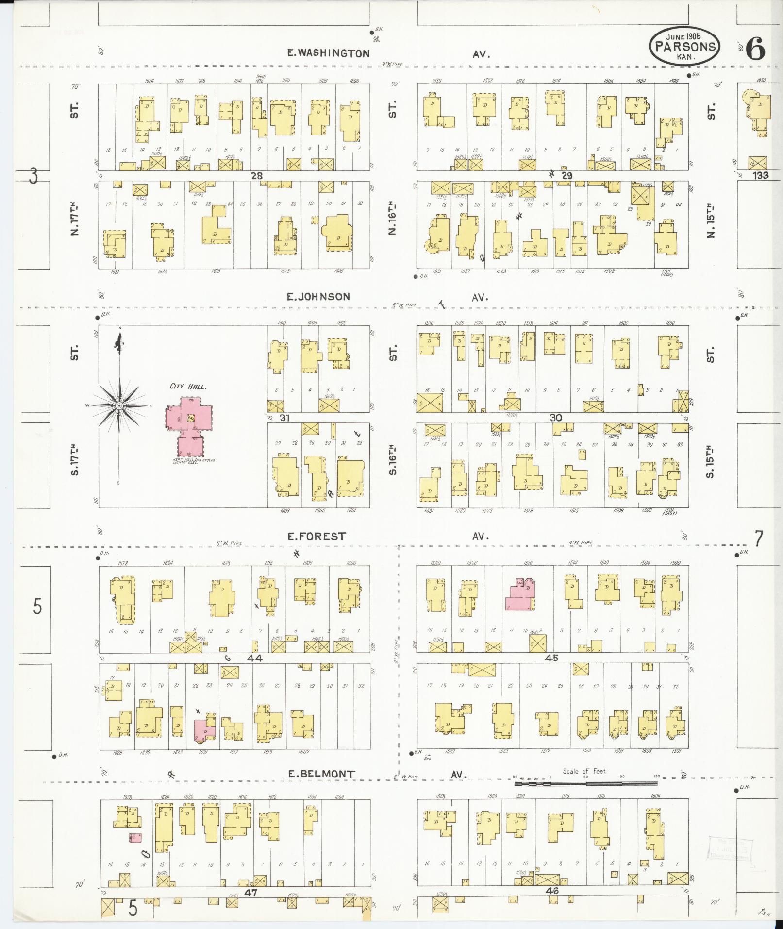 Sanborn Fire Insurance Map from Parsons, Labette County, Kansas (1905), Sheet #0006 - Historic Sanborn Fire Insurance Map Print, vintage old map wall art, antique decor, genealogy gift, Kansas Kansas map
