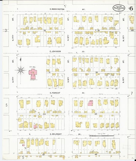 Sanborn Fire Insurance Map from Parsons, Labette County, Kansas (1905), Sheet #0006 - Historic Sanborn Fire Insurance Map Print, vintage old map wall art, antique decor, genealogy gift, Kansas Kansas map