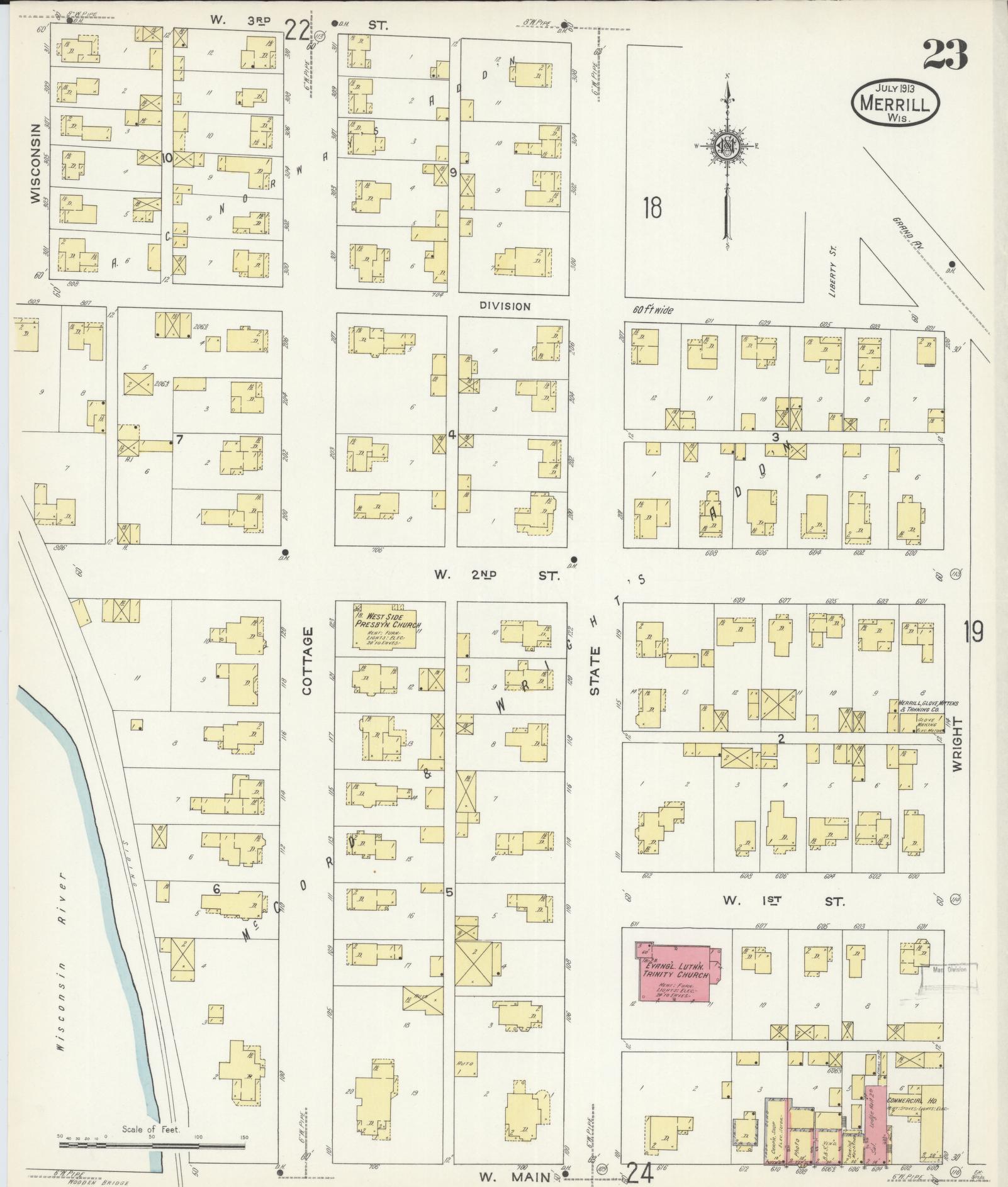 Sanborn Fire Insurance Map from Merrill, Lincoln County, Wisconsin (1913), Sheet #0023 - Historic Sanborn Fire Insurance Map Print, vintage old map wall art, antique decor, genealogy gift, Wisconsin Wisconsin map