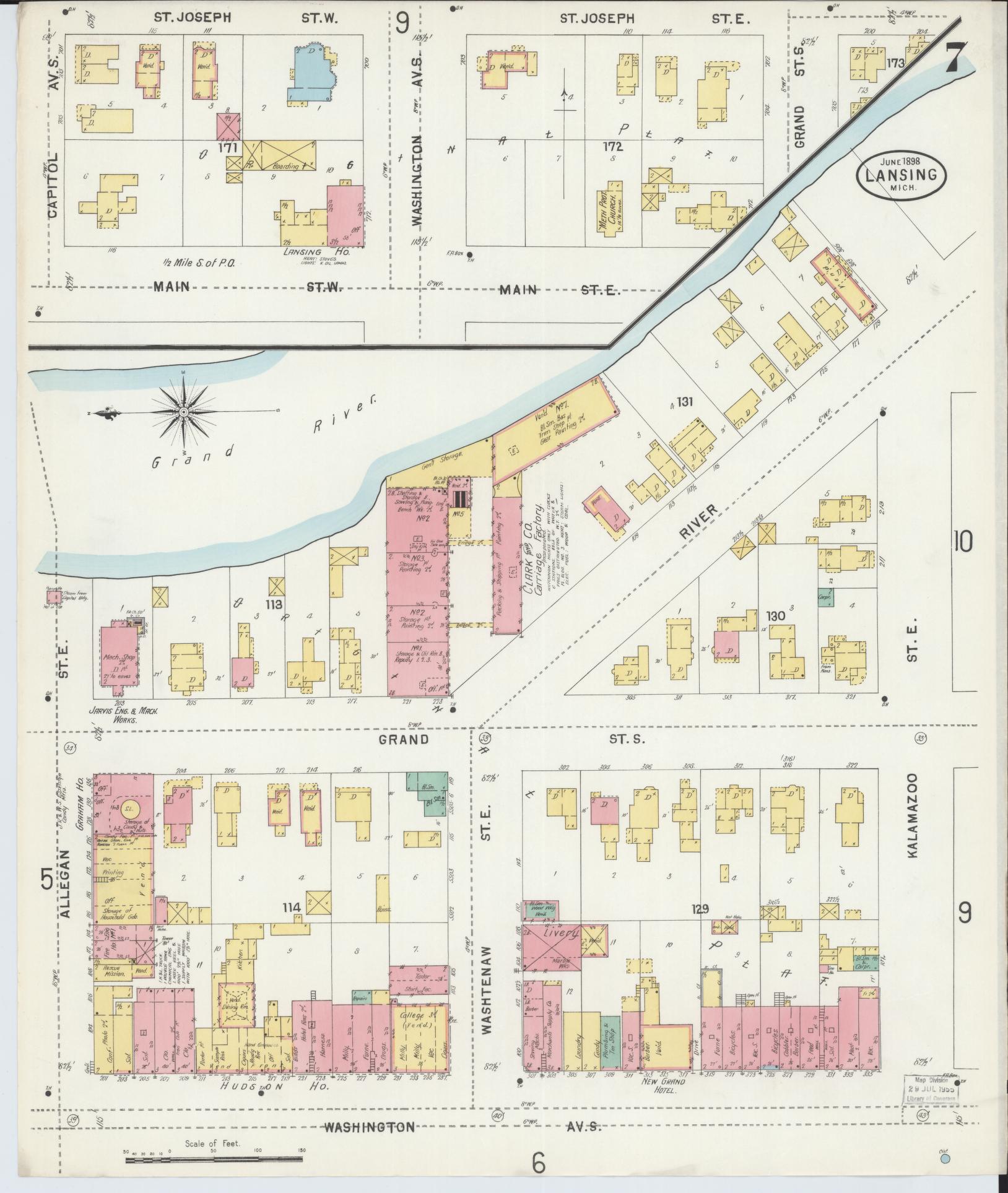 Sanborn Fire Insurance Map from Lansing, Ingham County, Michigan (1898), Sheet #0007 - Complete Map Set gallery image, historic Sanborn map, vintage wall art, Michigan Michigan