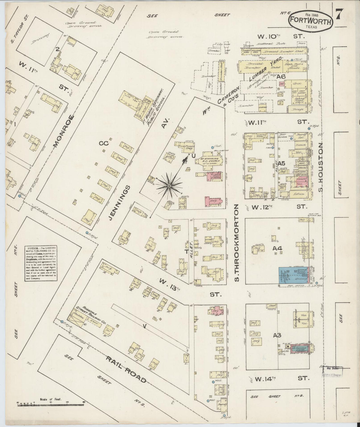 Sanborn Fire Insurance Map from Fort Worth, Tarrant County, Texas (1885), Sheet #0007 - Complete Map Set gallery image, historic Sanborn map, vintage wall art, Texas Texas
