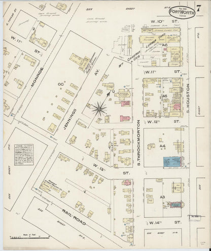 Sanborn Fire Insurance Map from Fort Worth, Tarrant County, Texas (1885), Sheet #0007 - Complete Map Set gallery image, historic Sanborn map, vintage wall art, Texas Texas