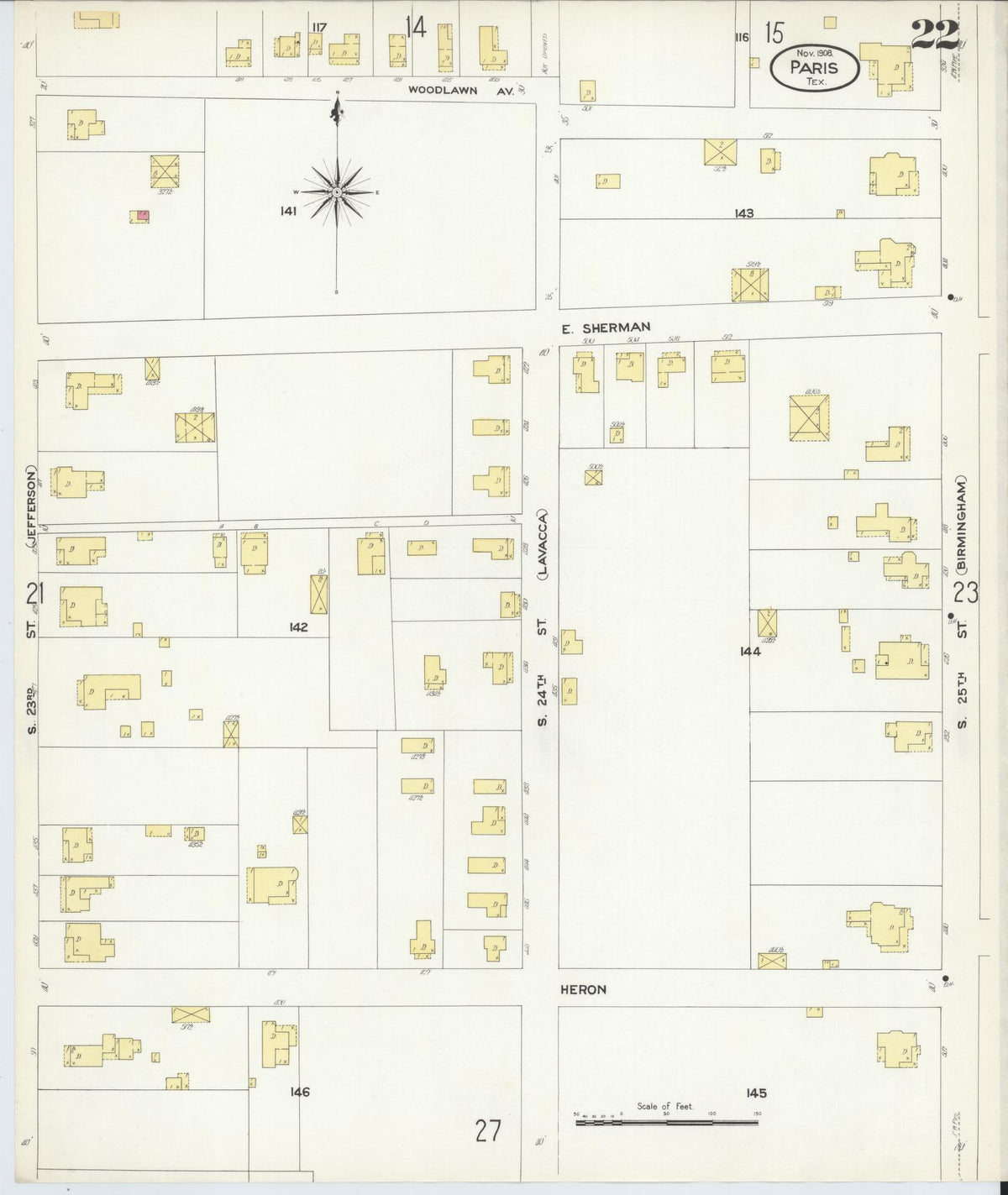 Sanborn Fire Insurance Map from Paris, Lamar County, Texas (1908), Sheet #0022 - Complete Map Set gallery image, historic Sanborn map, vintage wall art, Texas Texas