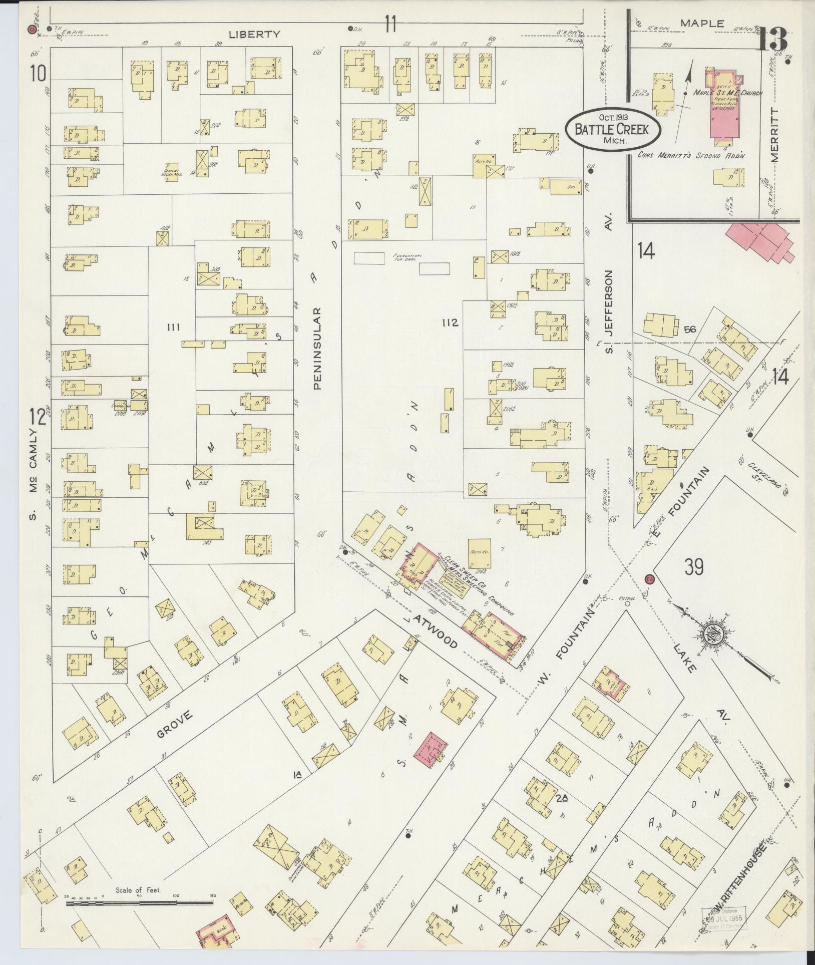Sanborn Fire Insurance Map from Battle Creek, Calhoun County, Michigan (1913), Sheet #0013 - Complete Map Set gallery image, historic Sanborn map, vintage wall art, Michigan Michigan