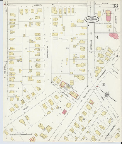 Sanborn Fire Insurance Map from Battle Creek, Calhoun County, Michigan (1913), Sheet #0013 - Complete Map Set gallery image, historic Sanborn map, vintage wall art, Michigan Michigan