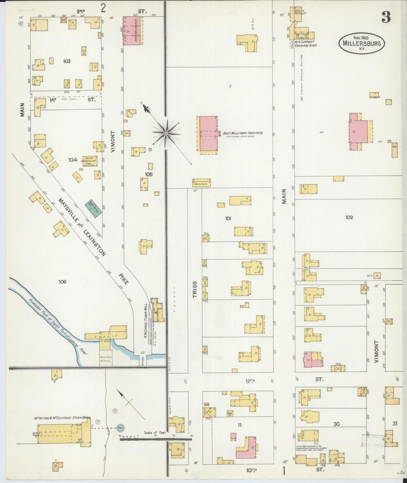 Sanborn Fire Insurance Map from Millersburg, Bourbon County, Kentucky (1903), Sheet #0003 - Complete Map Set gallery image, historic Sanborn map, vintage wall art, Kentucky Kentucky