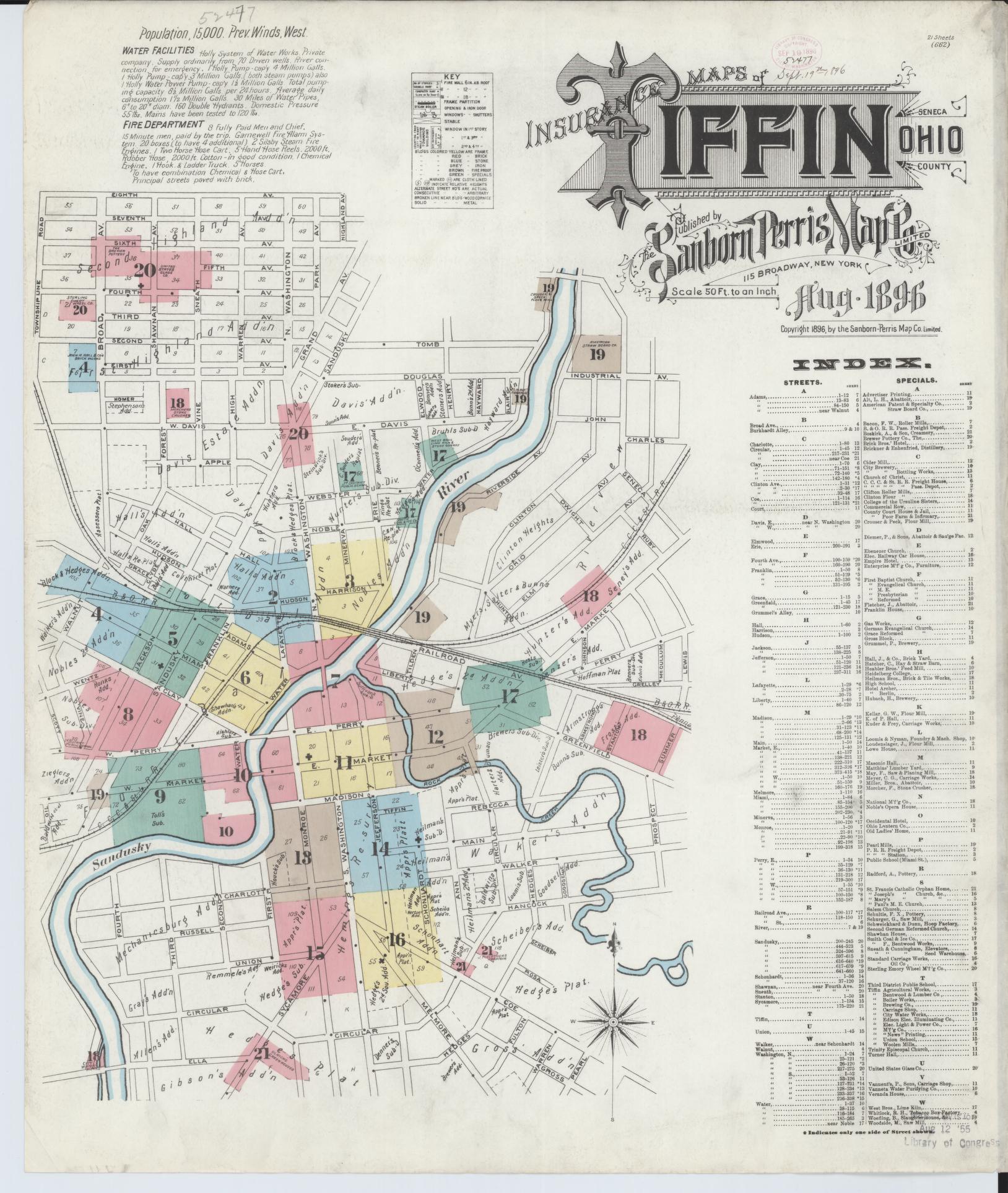 Sanborn Fire Insurance Map from Tiffin, Seneca County, Ohio (1896), Sheet #0001 - Historic Sanborn Fire Insurance Map Print, vintage old map wall art, antique decor, genealogy gift, Ohio Ohio map