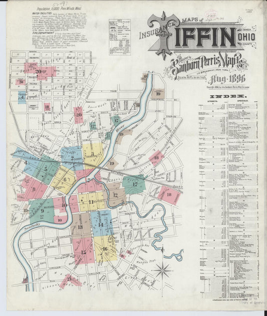 Sanborn Fire Insurance Map from Tiffin, Seneca County, Ohio (1896), Sheet #0001 - Historic Sanborn Fire Insurance Map Print, vintage old map wall art, antique decor, genealogy gift, Ohio Ohio map