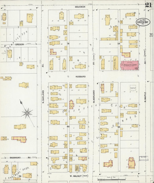Sanborn Fire Insurance Map from Green Bay, Brown County, Wisconsin (1900), Sheet #0021 - Historic Sanborn Fire Insurance Map Print, vintage old map wall art, antique decor, genealogy gift, Wisconsin Wisconsin map