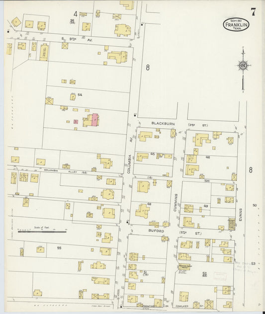Sanborn Fire Insurance Map from Franklin, Williamson County, Tennessee (1913), Sheet #0007 - Historic Sanborn Fire Insurance Map Print, vintage old map wall art, antique decor, genealogy gift, Tennessee Tennessee map