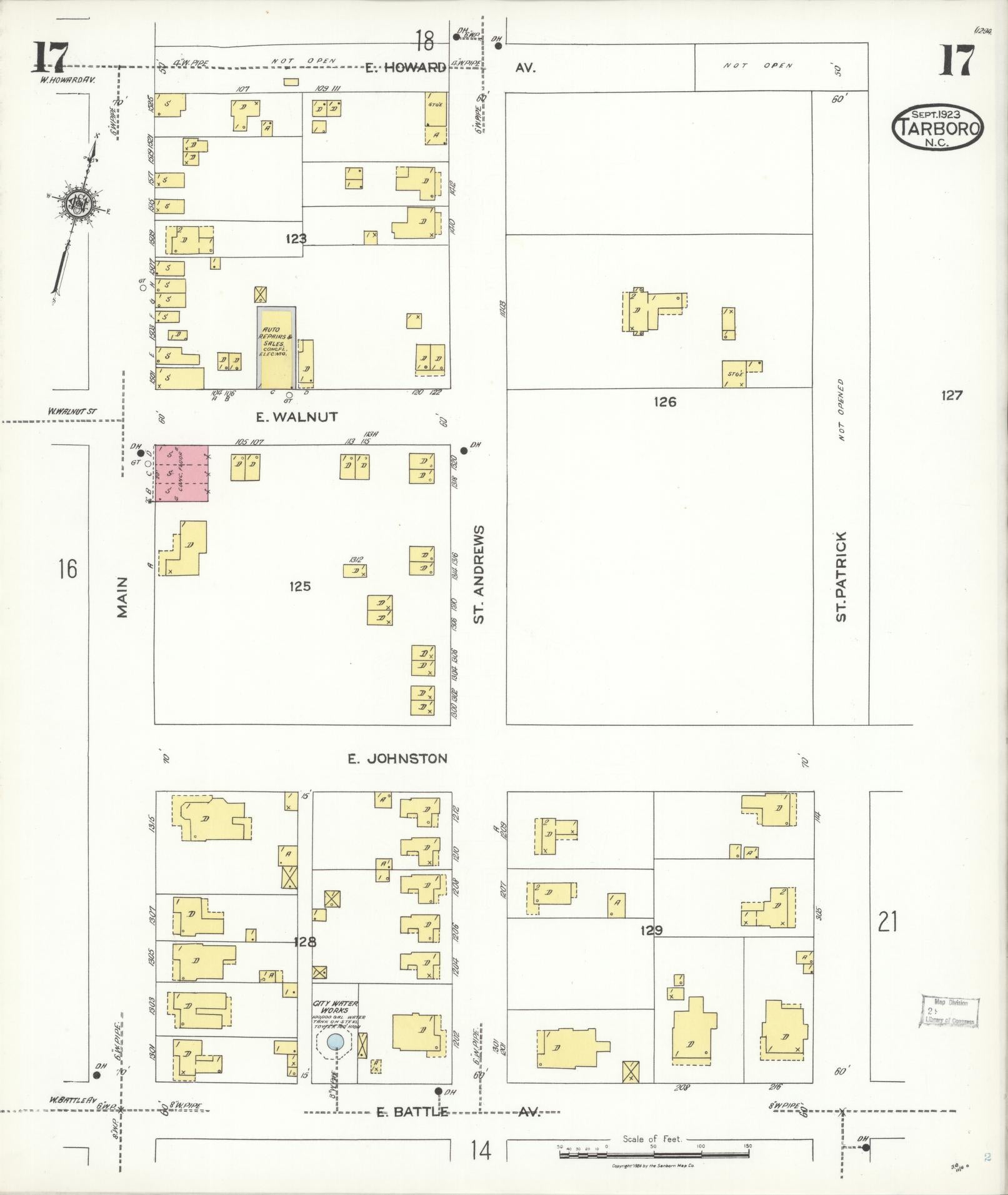 Sanborn Fire Insurance Map from Tarboro, Edgecombe County, North Carolina (1923), Sheet #0017 - Complete Map Set gallery image, historic Sanborn map, vintage wall art, North Carolina North Carolina