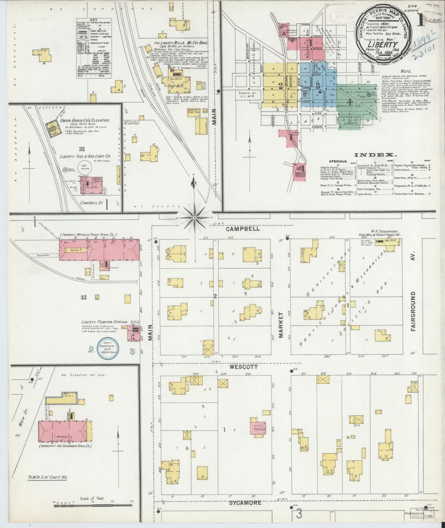 Sanborn Fire Insurance Map from Liberty, Union County, Indiana (1899), Sheet #0001 - Complete Map Set gallery image, historic Sanborn map, vintage wall art, Indiana Indiana