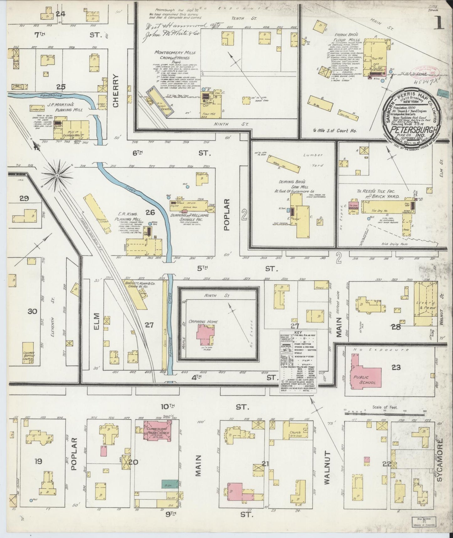 Sanborn Fire Insurance Map from Petersburg, Pike County, Indiana (1892), Sheet #0001 - Historic Sanborn Fire Insurance Map Print, vintage old map wall art, antique decor, genealogy gift, Indiana Indiana map